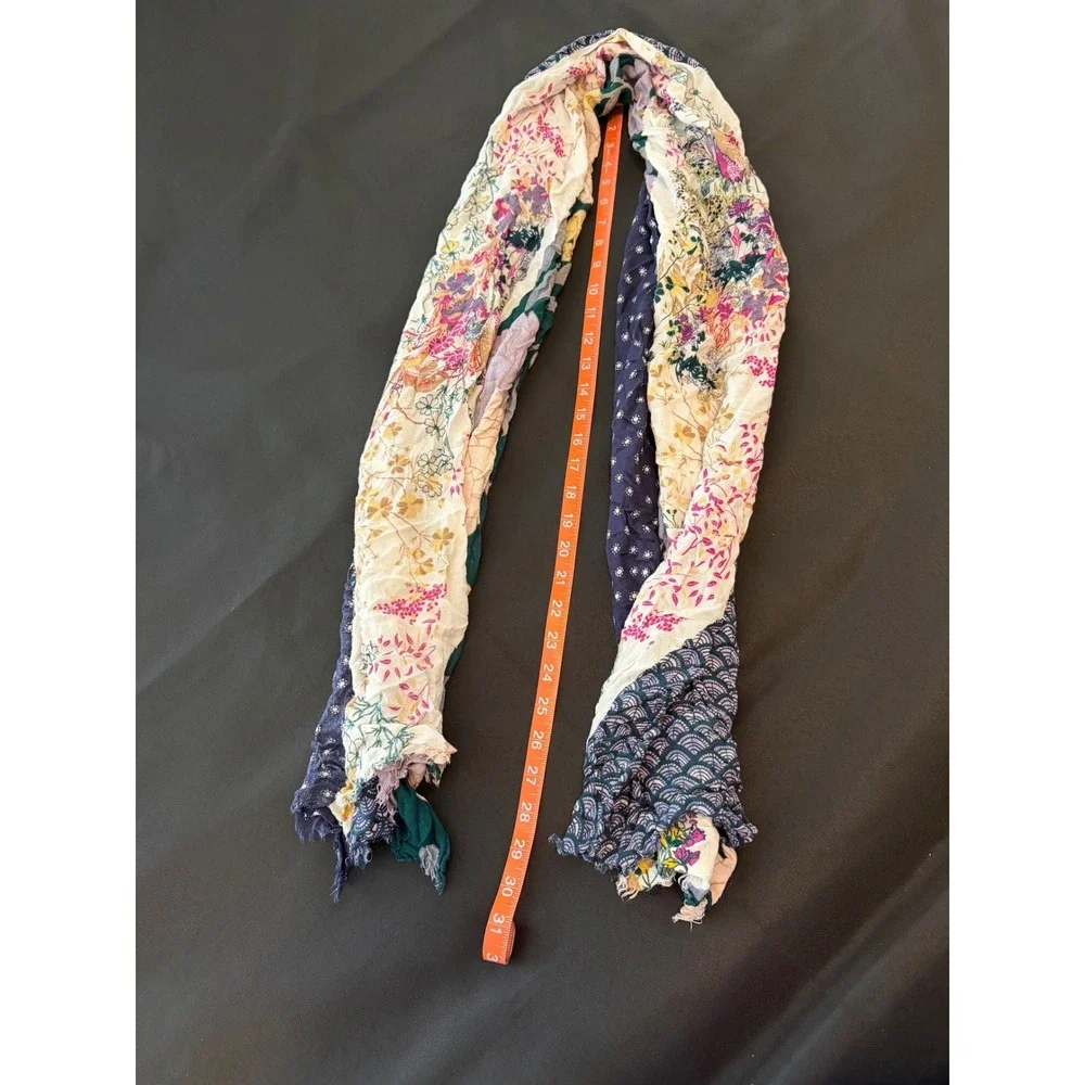 Boho Patchwork Floral Scarf Navy Blue Pink Mixed Print Raw Edge Lightweight